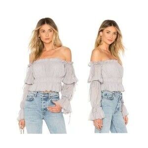 Tularosa BLOUSE Women Large Gray Smocked White Sands Top Cottagecore Boho